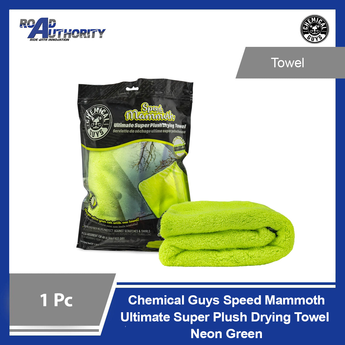 Chemical Guys Speed Mammoth Ultimate Super Plush Drying Towel Neon Green 25"X30"